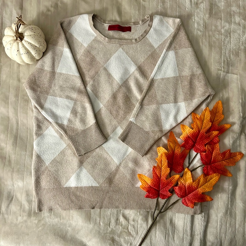 Beige and White Argyle Sweater